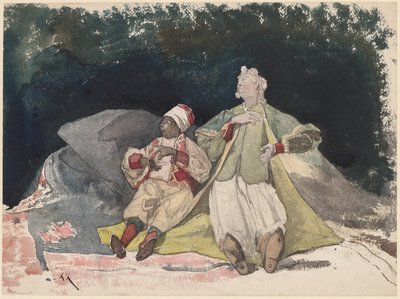 Twee poppen of marionetten zittend op kussens door Henri Joseph Harpignies