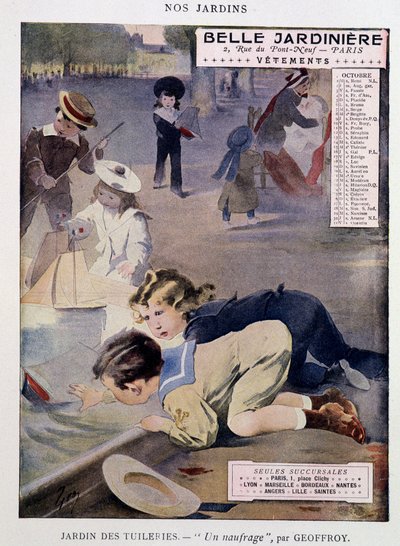 Kinderen spelen met bootjes in de Tuilerieëntuin door Jean Geoffroy (1853-1924), kalender 