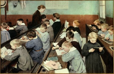 In de klas, het werk van de kleintjes door Henri Jules Jean Geoffroy