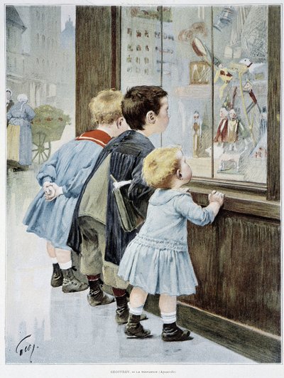 De verleiding: kinderen voor een etalage die naar speelgoed kijken - geïllustreerd door Geoffroy, in 