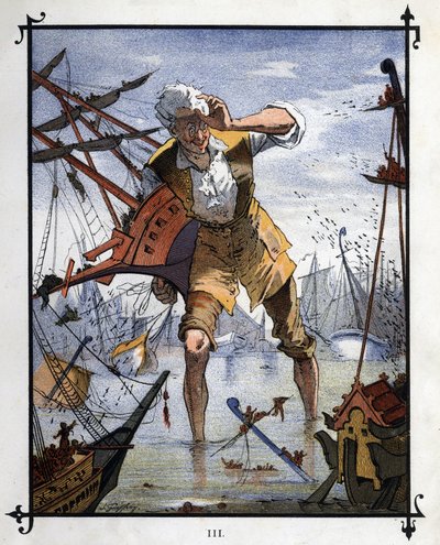 Lemuel Gulliver in het midden van een zeeslag tussen de schepen van Lilliput en Blefuscu. Illustratie voor 