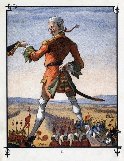 Lemuel Gulliver beveelt het leger van de Lilliputters. Illustratie voor 