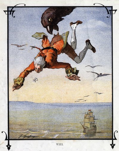 Lemuel Gulliver wordt meegenomen door een adelaar. Illustratie voor 