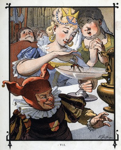 Lemuel Gulliver wordt opnieuw geschilderd door de koningin van Brobdingnag. Illustratie voor "Gulliver