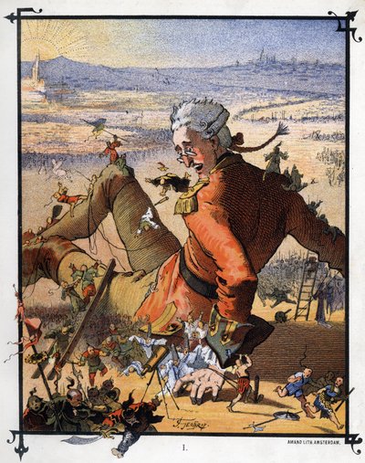 Lemuel Gulliver wordt vastgebonden door de Lilliputters. Illustratie voor 