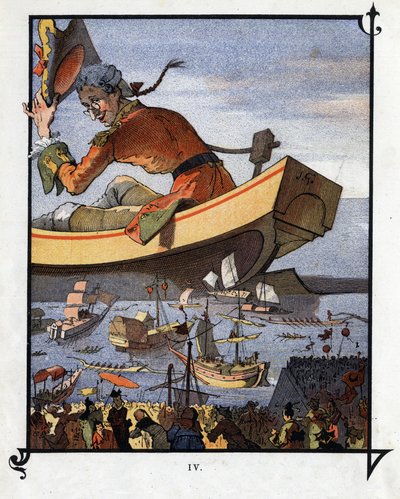 Lemuel Gulliver neemt afscheid van de Lilliputters. Illustratie voor 