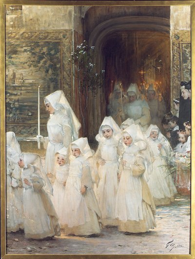 Processie van jonge meisjes op de dag van hun vormsel, L