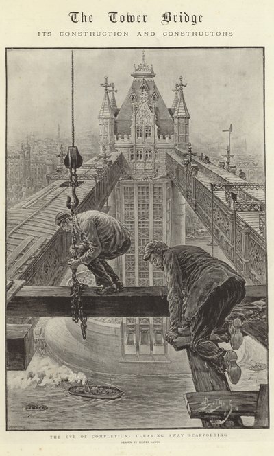 De Tower Bridge, de bouw en de bouwers (litho) door Henri Lanos