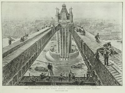 De voltooiing van de Tower Bridge: de laatste hand leggen, uit The Graphic, 23 juni 1894 (gravure) door Henri Lanos