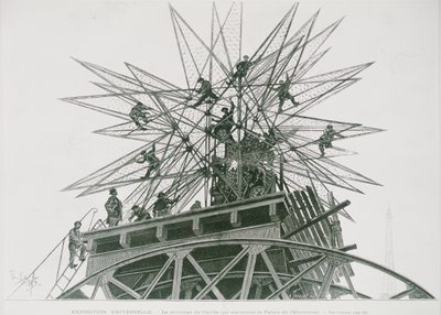 Universele Expositie van 1900: Installatie van de ster op het Paleis van Elektriciteit (gravure) door Henri Lanos