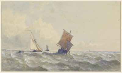 Gezicht op volle zee, waarop drie zeilschepen door Henri Le Hon