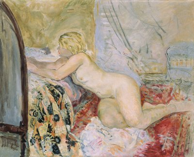 Naakt liggend tegen een bed door Henri Lebasque