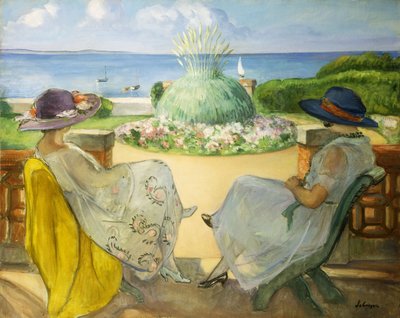 Twee jonge vrouwen op een terras aan zee, 1922 door Henri Lebasque