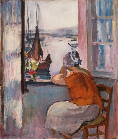 Jong Meisje bij het Raam Tegenover het Eiland Yeu door Henri Lebasque