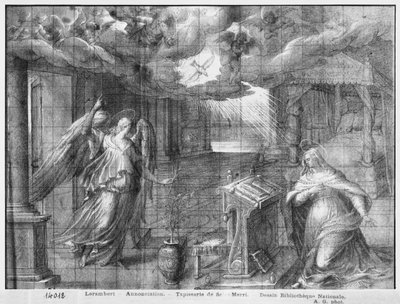 Leven van Christus, Annunciatie, voorbereidende studie van tapijtkarton voor de kerk Saint-Merri in Parijs, c.1585-90 door Henri Lerambert
