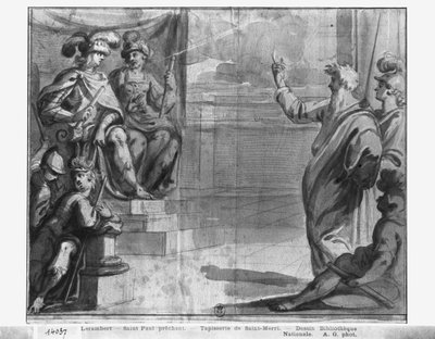 Leven van Christus, St. Paul predikend, voorbereidende studie van tapijtkarton voor de kerk Saint-Merri in Parijs, ca. 1585-90 door Henri Lerambert