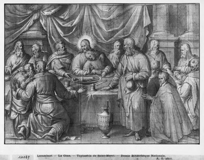 Leven van Christus, het Laatste Avondmaal, voorbereidende studie van tapijtkarton voor de kerk Saint-Merri in Parijs, c.1585-90 door Henri Lerambert