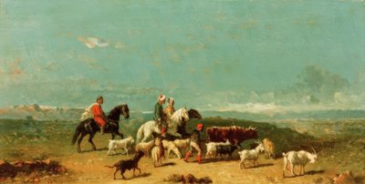 Arabische ruitergroep met een geitenhoeder in een uitgestrekt landschap door Henri Lucien Robert