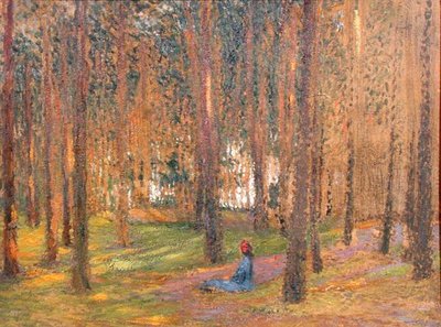 Een wandelaar zittend in het bos, ca. 1890 door Henri Martin