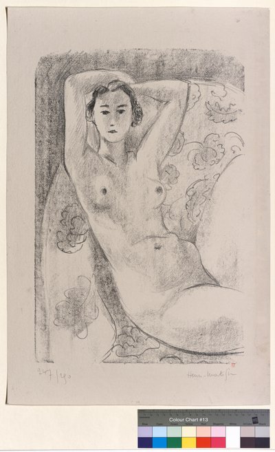 Nu zit hij in een fauteuil met een bloemmotief door Henri Matisse