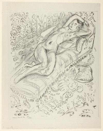 Rustend naakt op een chaise longue met mashrabiya-achtergrond door Henri Matisse