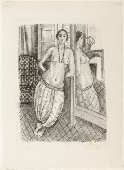 Odaliske in gestreepte broek, weerspiegeld in de spiegel door Henri Matisse