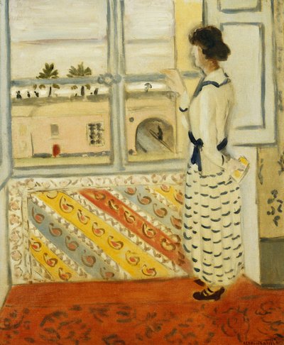 Jonge vrouw bij een raam, blauw gestreepte jurk door Henri Matisse