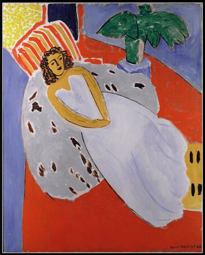 Jonge vrouw in wit, rode achtergrond door Henri Matisse