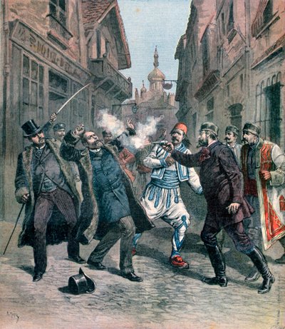 Moord op M. Beltchef in aanwezigheid van de heer Stambouloff, Bulgarije, 1891 door Henri Meyer