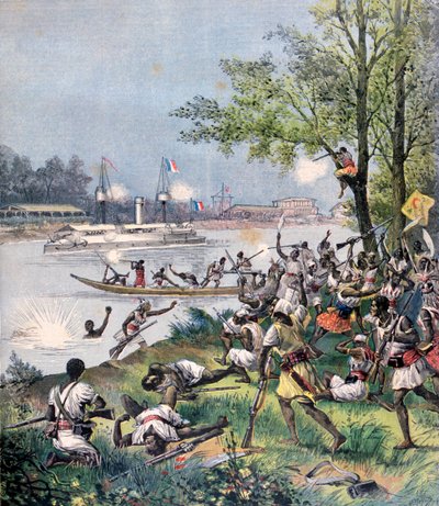 Aanval op de dorpelingen van Dahomey door de Fransen, 1892 door Henri Meyer