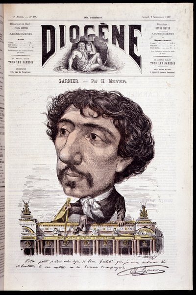 Cartoon van Charles Garnier, zittend op zijn werk, de Opera Garnier - in "Diogenes" van 02/11/1867 door Henri Meyer