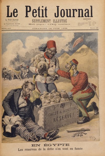 Egypte: De Reserves van de Schuld Gaan in Rook Op, illustratie uit Le Petit Journal, 14 juni 1896 door Henri Meyer
