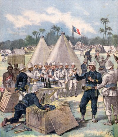 Franse soldaten openen nieuwjaarsgeschenkdozen in Dahomey, Afrika, 1892 door Henri Meyer