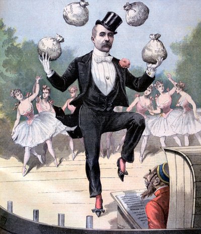 Georges Clemenceau jongleert met zakken Engels geld, 1893 door Henri Meyer
