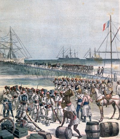 Landing van de Senegalese troepen aan de nieuwe kade in Cotonou, Benin, 1892 door Henri Meyer