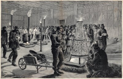 Het nachtverblijf van het paleis van de liberale kunsten op het Champ de Mars in 1891 - tekening door Henri Meyer, gravure door Navellier in 