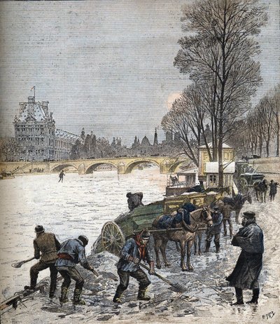 Parijs onder de sneeuw in 1895 Kleine krant van 1895 (gravure) door Henri Meyer