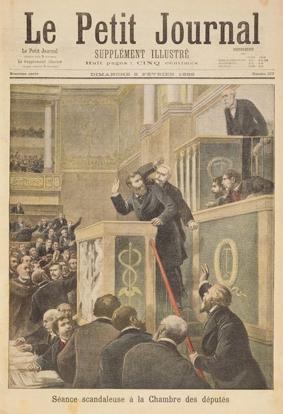 Titelpagina die de schandalige bijeenkomst van het Huis van Afgevaardigden afbeeldt: Jean Jaures aangevallen door Bernis tijdens een debat over de Dreyfus-affaire door Henri Meyer