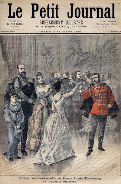 Tsaar Alexander III bij de ambassadeur van Frankrijk De Graaf van Montebello in St. Petersburg in 1893. Eer rooster. Omslag van Le Petit Journal 1893 (gravure) door Henri Meyer