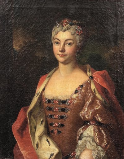 Portret van een edelvrouw, halflang, in een roze jurk en een met hermelijn afgezet gewaad door Henri Millot