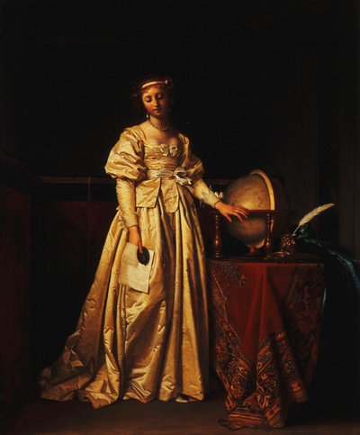 Een Dame in een Interieur, in een Gele Satijnen Jurk, met een Wereldbol op een Tafel naast haar, Rouwend om de Afwezigheid van haar Echtgenoot door Henri Nicolas van Gorp