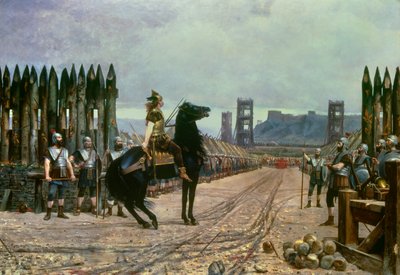 Gallische leider Vercingetorix (72-46 v.Chr.) geeft zich over aan Romeinse leider Julius Caesar (100-44 v.Chr.) na de Slag bij Alesia in 52 v.Chr. door Henri Paul Motte