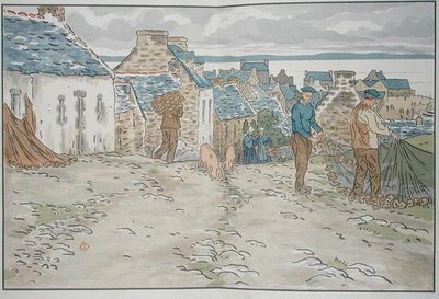 Bretonse vissers die hun netten regelen door Henri Rivière