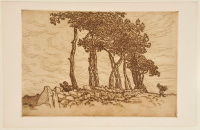 Alte Frau mit einem Bündel nahe einer Baumreihe door Henri Rivière