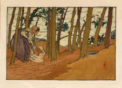 Vrouw die dennennaalden verzamelt (Bords du Trieux, Loguivy) door Henri Rivière
