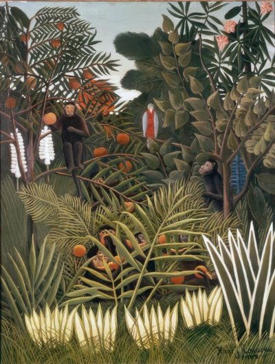 Exotisch landschap met apen en een papegaai door Henri Rousseau