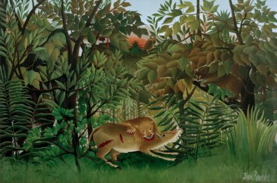 De leeuw, hongerig, valt de antilope aan door Henri Rousseau