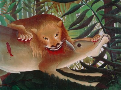 De Leeuw, hongerig, valt de Antilope aan door Henri Rousseau