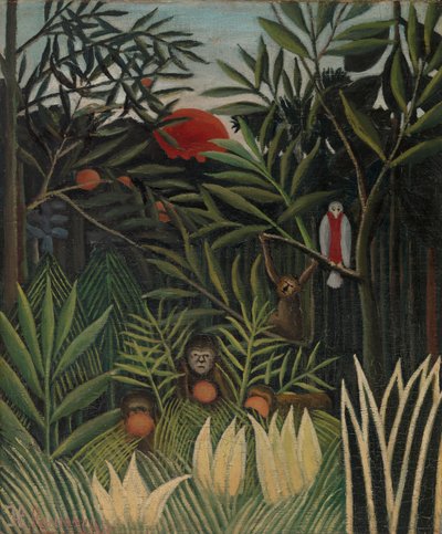 Apen en papegaai in het oerwoud door Henri Rousseau