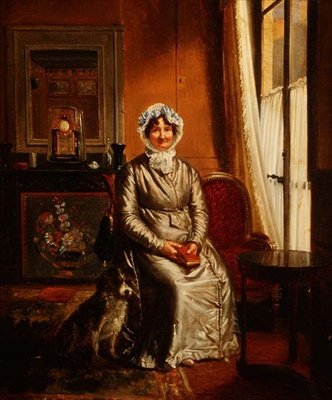 Een dame met een hond in een interieur door Henri Serrur